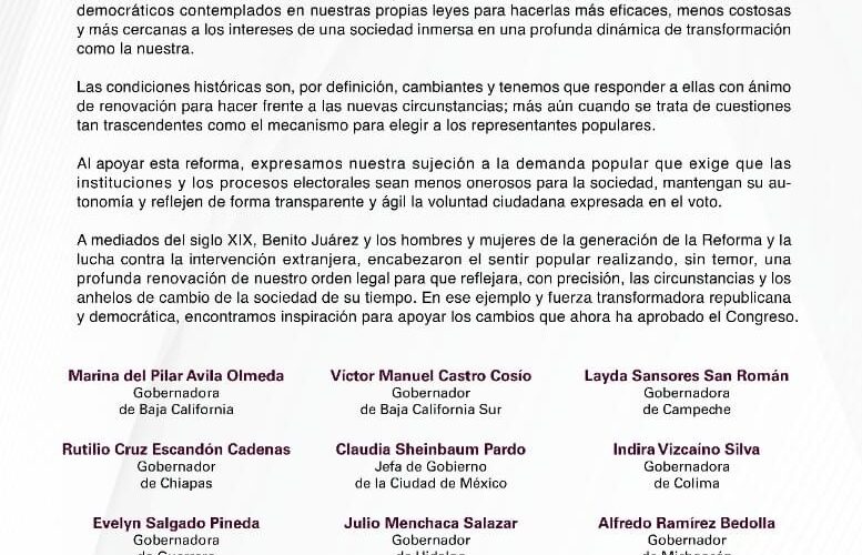 Gobernadores y Jefa de Gobierno de la 4T a favor de las recientes reformas