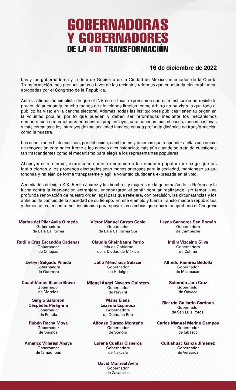 Gobernadores y Jefa de Gobierno de la 4T a favor de las recientes reformas