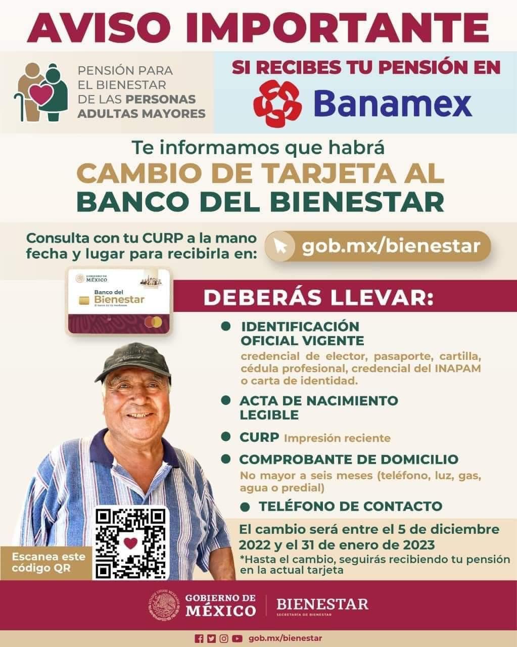 Beneficiarios del programa Pensión para las Personas Adultas Mayores, habrá cambio de tarjeta al Banco del Bienestar