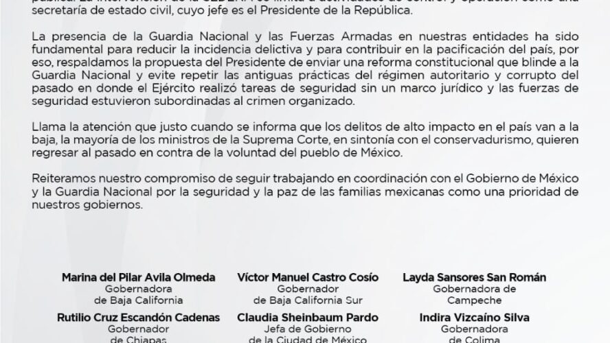 Gobernadores y Jefa de Gobierno no estamos de acuerdo en la transferencia de la Guardia Nacional a la SEDENA