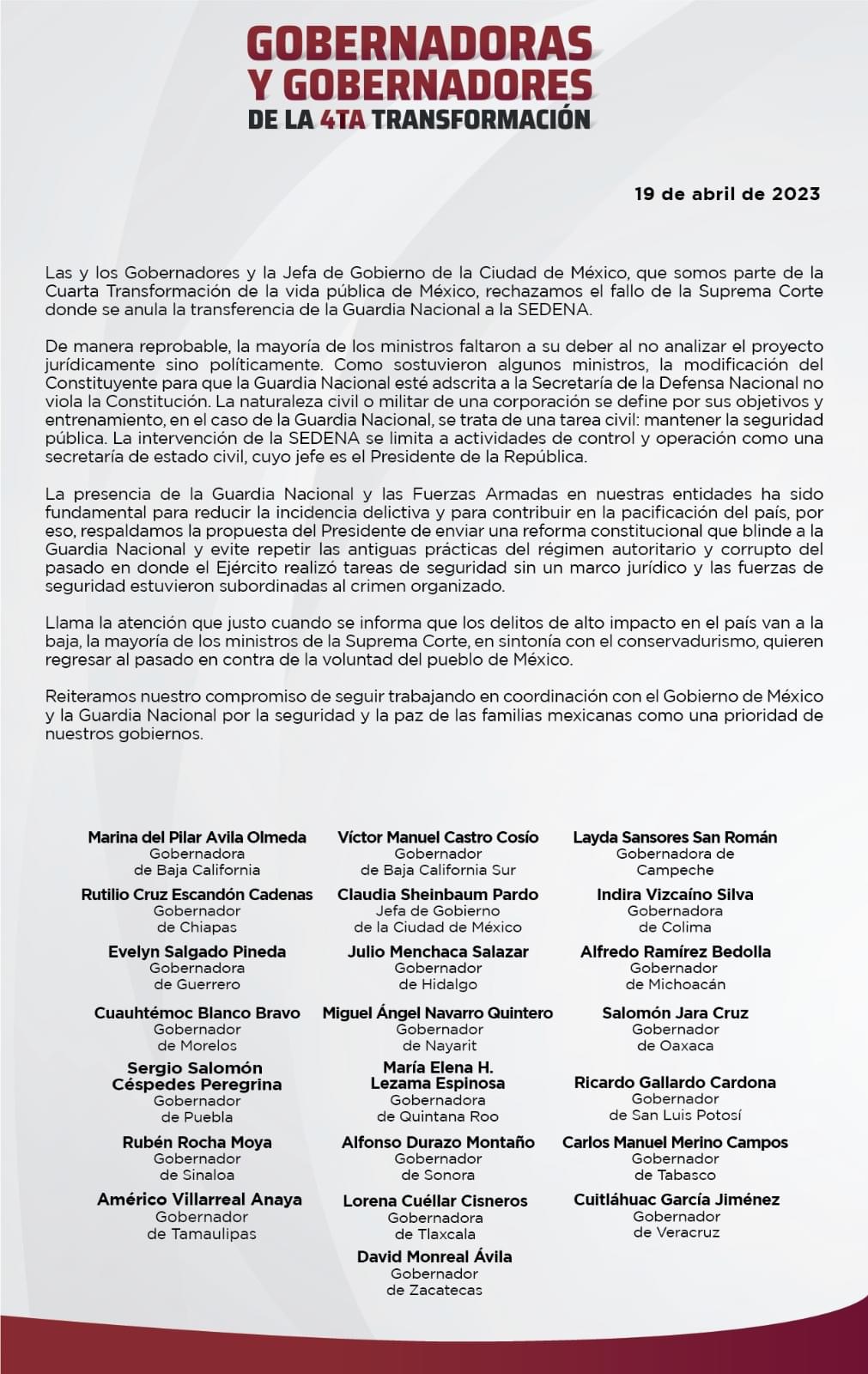 Gobernadores y Jefa de Gobierno no estamos de acuerdo en la transferencia de la Guardia Nacional a la SEDENA