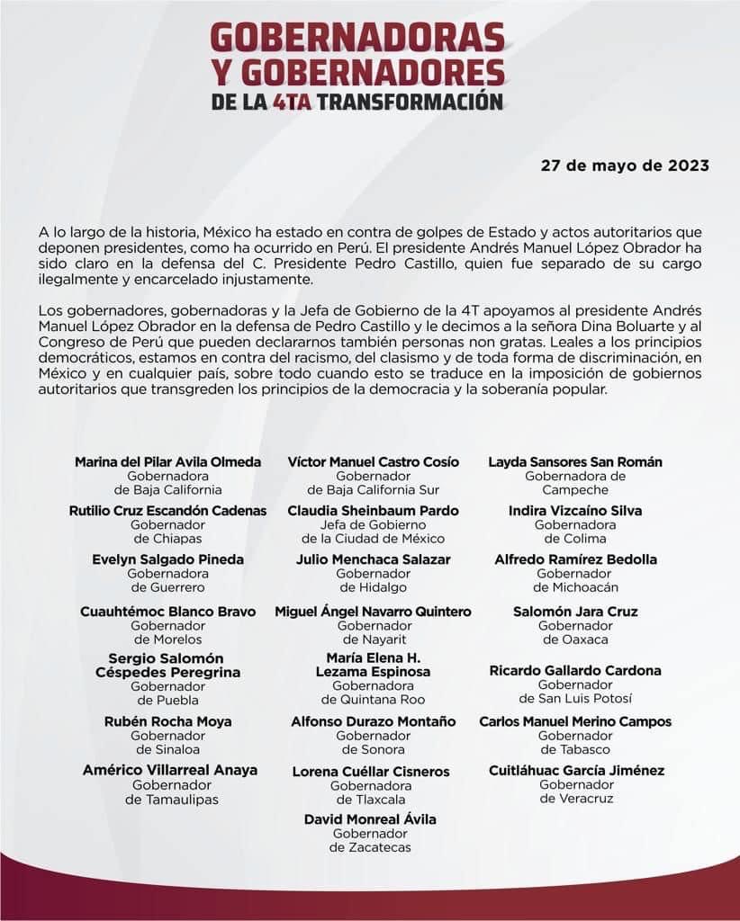 Apoyamos al presidente en la defensa de Pedro Castillo