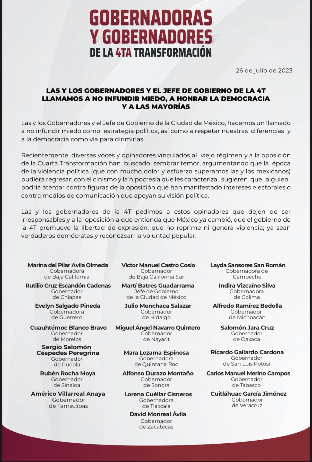 Un llamado a no infundir miedo, honrar la democracia y a las mayorías