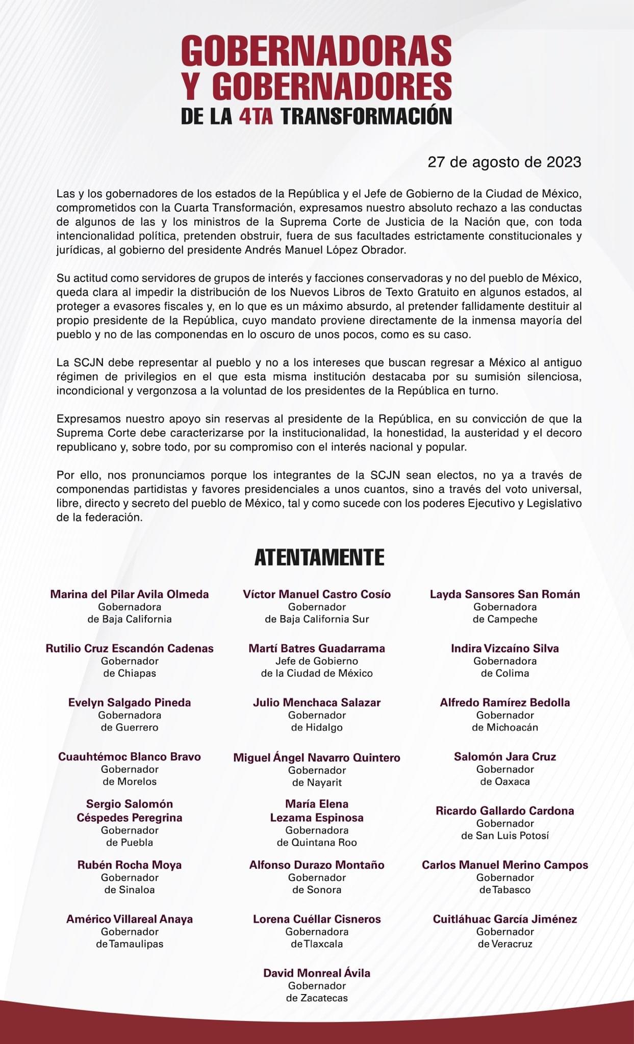Absoluto rechazo a las conductas de algunos ministros de la SCJN