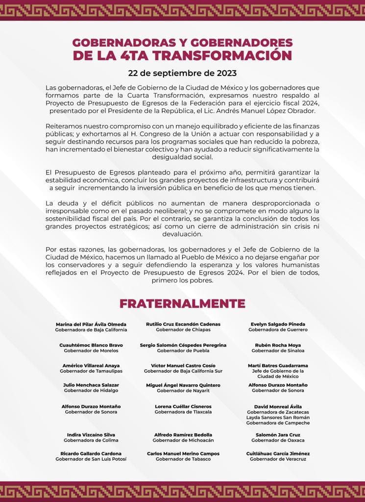 Respaldo al Proyecto de Presupuesto de Egresos de la Federación para el ejercicio fiscal 2024