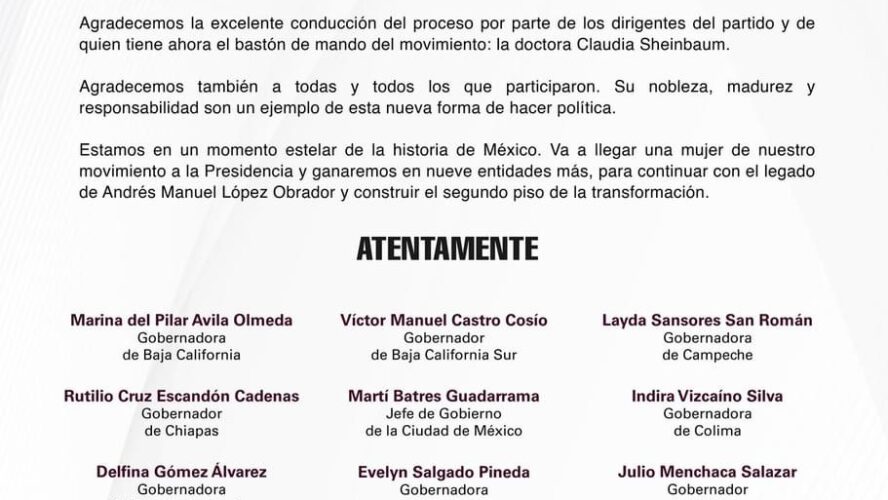 Respaldo al proceso de selección por quienes competirán por nueve gobernaturas en el 2024