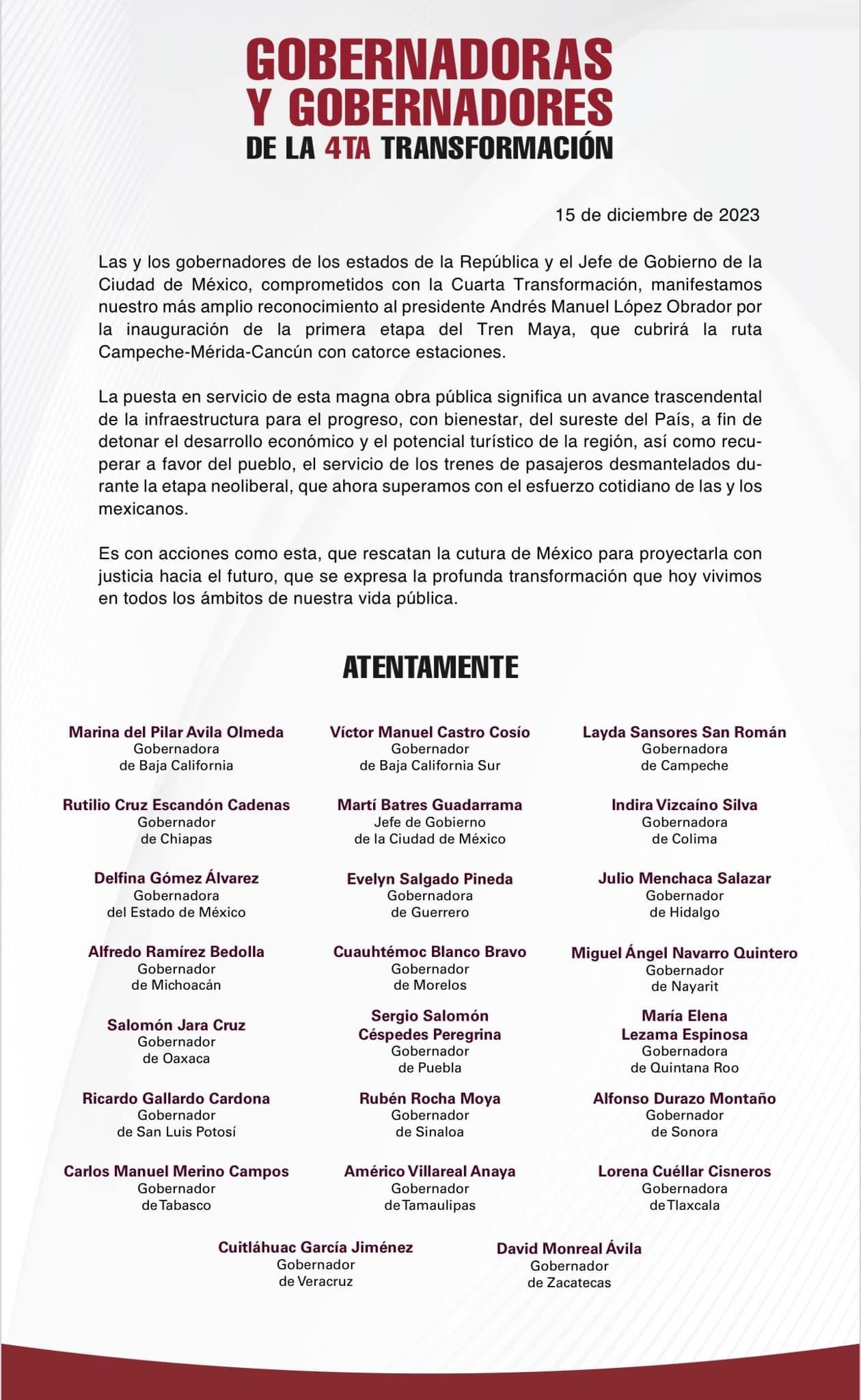 Nuestro reconocimiento al Presidente Andrés Manuel López Obrador por la inauguración de la 1ª etapa del Tren Maya