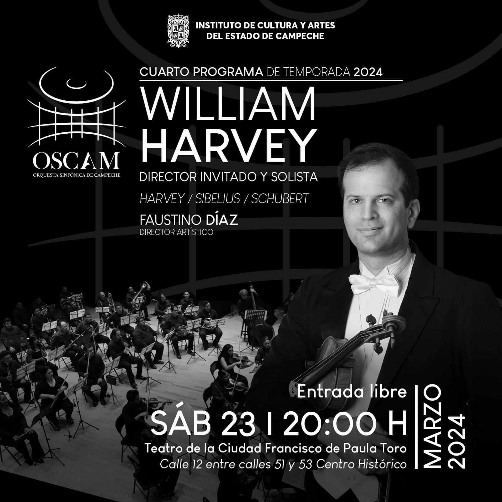 Este sábado 23 de marzo tendremos como primer director invitado y solista al Maestro William Harvey.