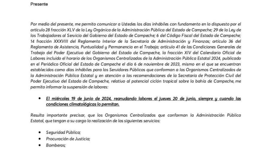 Se suspenden las actividades laborales de los trabajadores del Gobierno del Estado