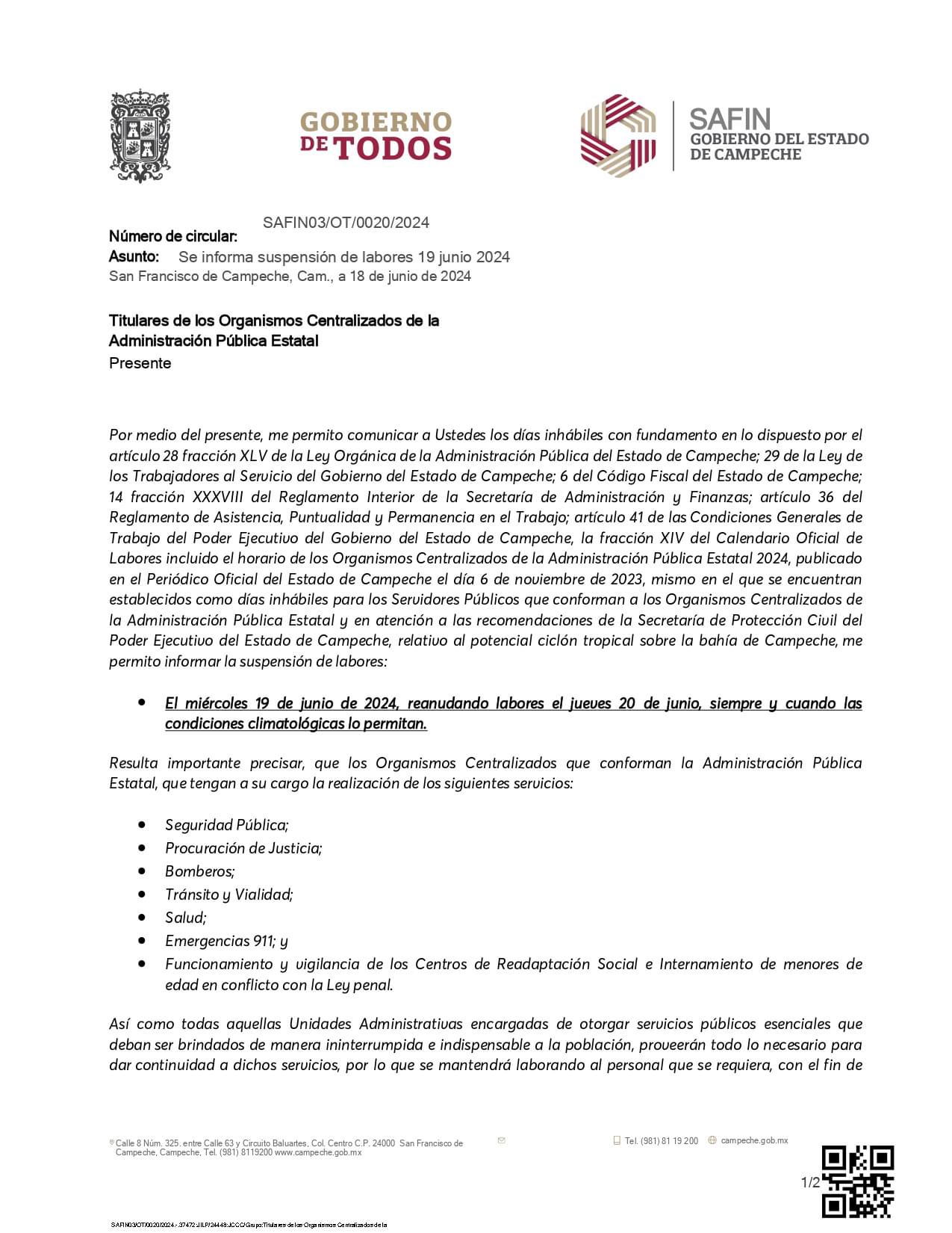 Se suspenden las actividades laborales de los trabajadores del Gobierno del Estado