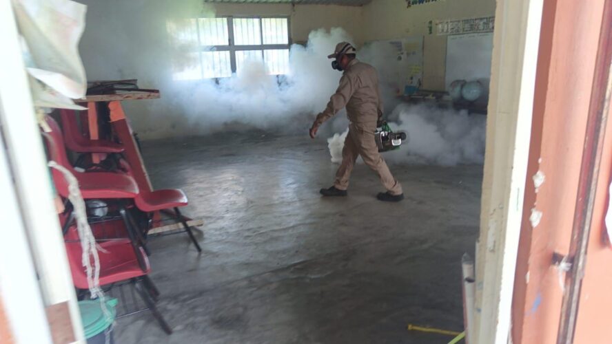 Fumigación en escuelas y comunidades, por parte de la Secretaría de Salud, para prevenir la proliferación de moscos.