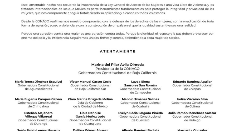 Los gobernadores que integramos la #CONAGO condenamos enérgicamente la agresión sufrida el día de ayer en contra de la PresidentA Claudia Sheinbaum Pardo y manifestamos nuestro respaldo, solidaridad y respeto hacia su persona y su investidura