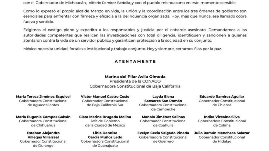 Quienes integramos la CONAGO expresamos nuestra más enérgica condena por el cobarde homicidio del alcalde de Uruapan