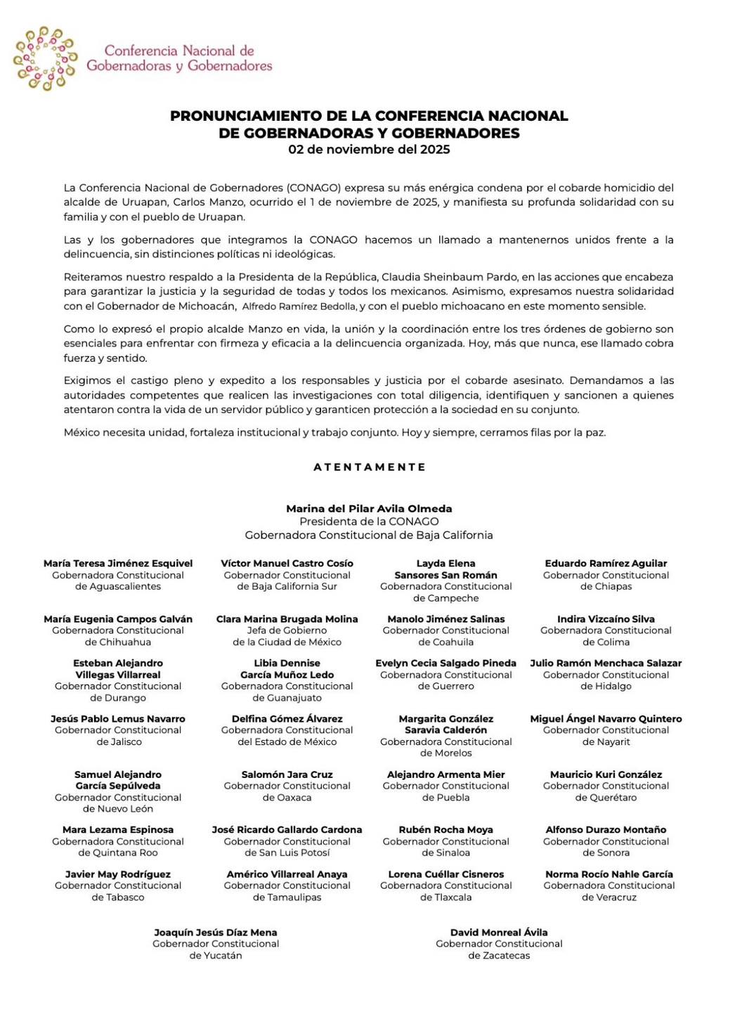 Quienes integramos la CONAGO expresamos nuestra más enérgica condena por el cobarde homicidio del alcalde de Uruapan