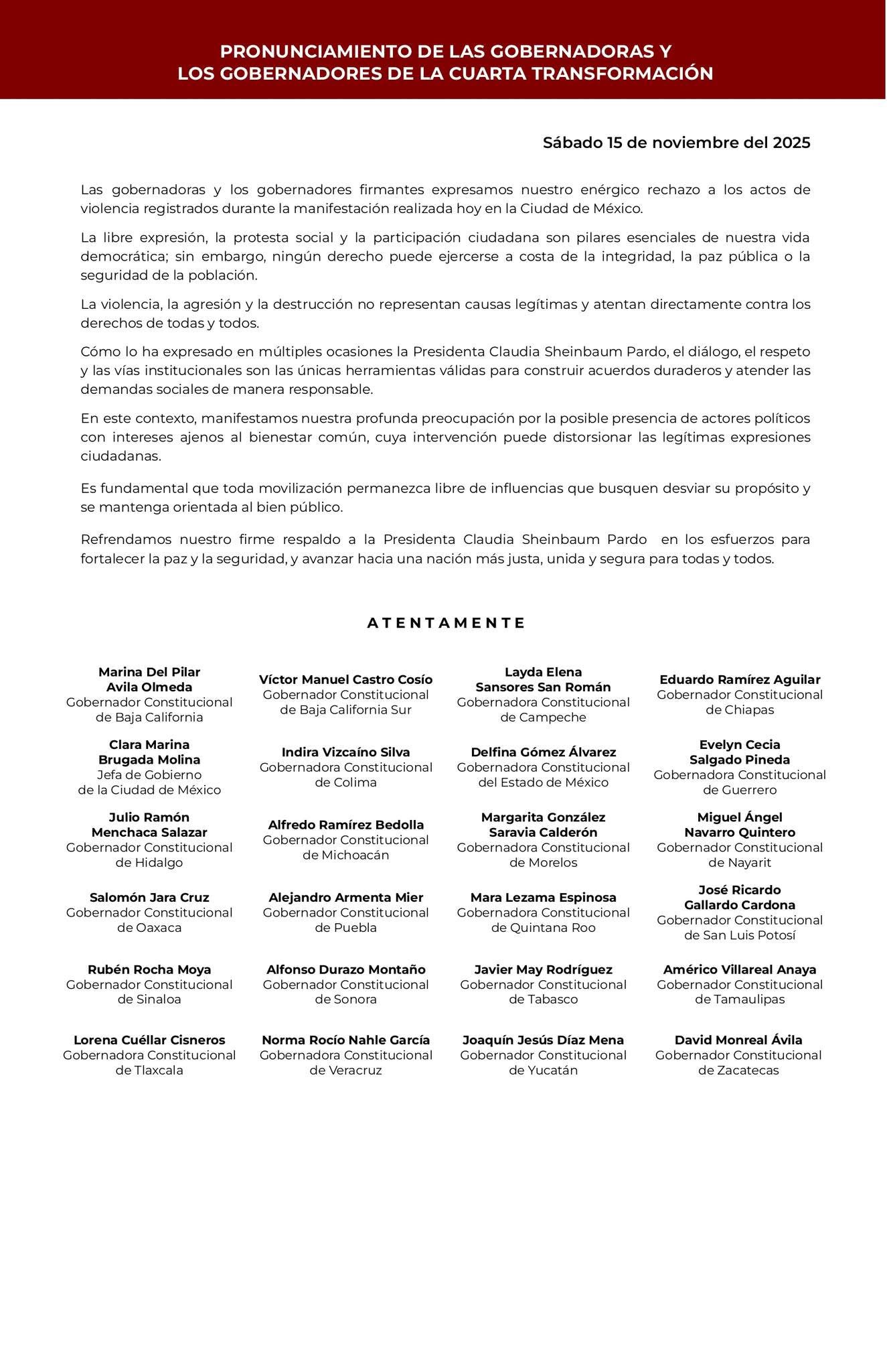 Expresamos nuestro enérgico rechazo a los actos de violencia registrados durante la manifestación realizada hoy en la Ciudad de México